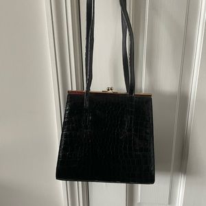 Carlos Falchi frame bag, black, patent leather simulated alligator.